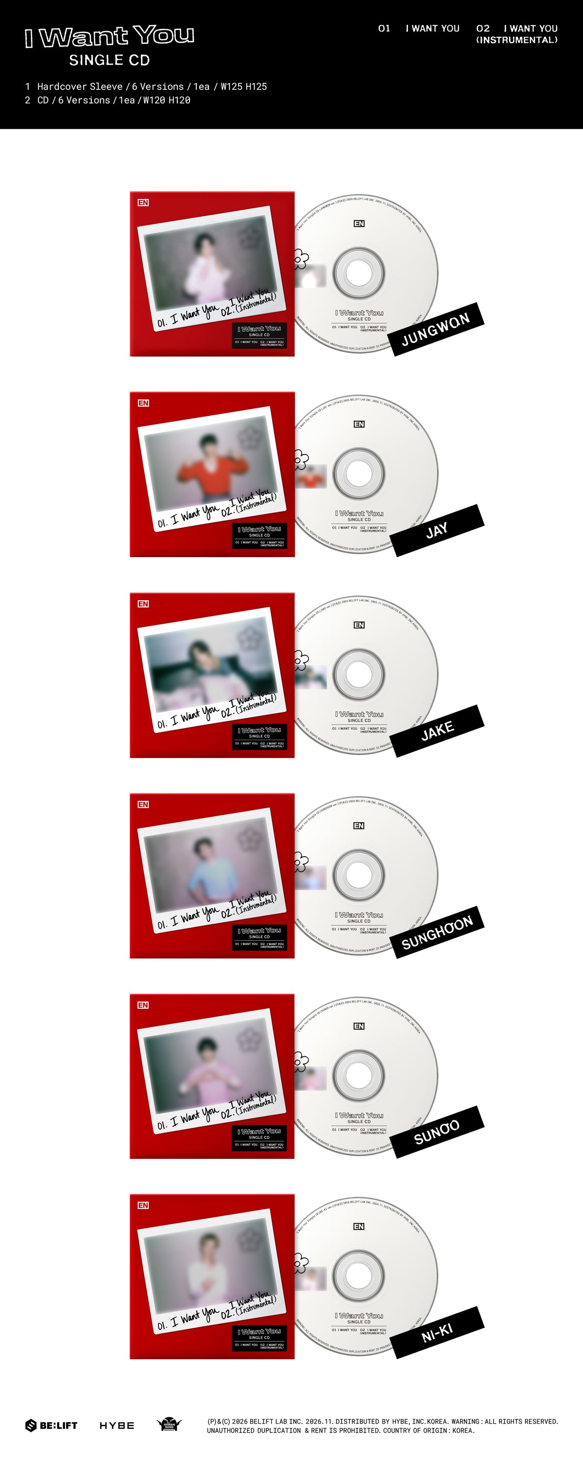 (PRE-ORDER) [hello82] ENHYPEN - 'I WANT YOU' SINGLE CD (6 VERSIONS) - LightUpK